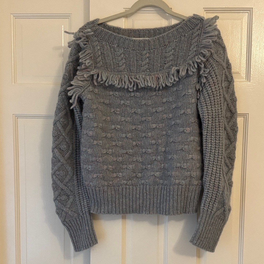 Elegant Gray blue boat Neck Sweater with Fringe